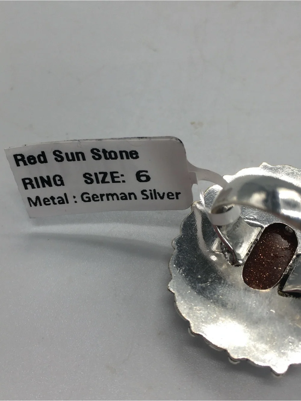 New Handmade Silver & Red Sun Stone Boho Statement Ring, Size 6